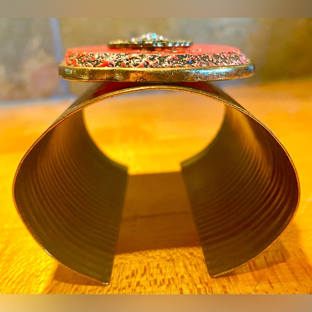 Vintage Studded Red Turquoise Brass Boho Statement Cuff - Picture 8 of 11